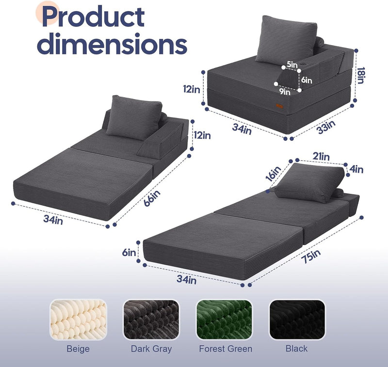 Folding Sofa Bed Convertible Boneless Couch with Pillow