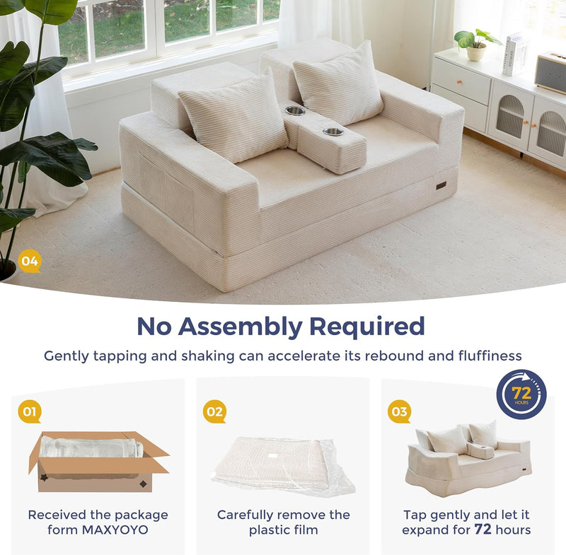 Folding Sofa Bed Corduroy Floor Couch with Cup