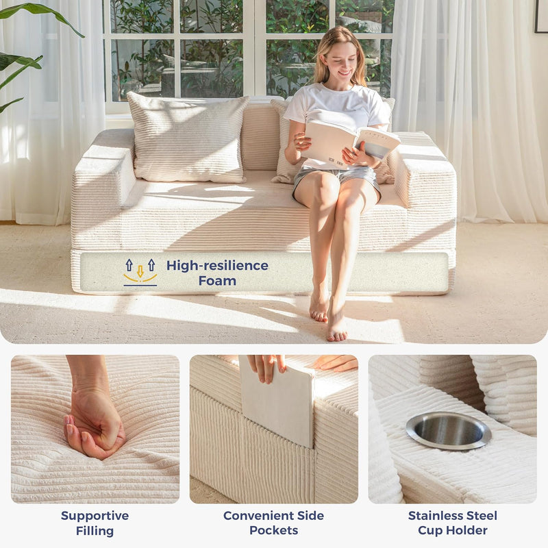 Folding Sofa Bed Corduroy Floor Couch with Cup