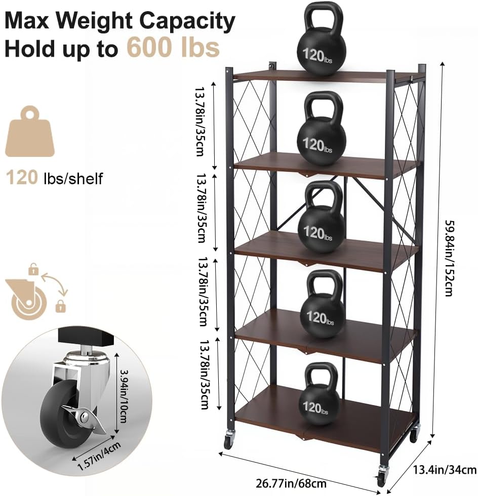 Folding Storage Shelves on Wheels 5-Tier