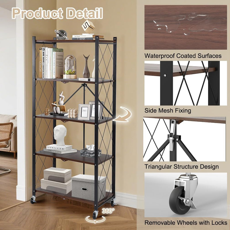Folding Storage Shelves on Wheels 5-Tier
