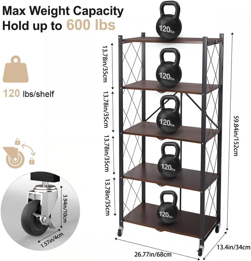 Folding Storage Shelves on Wheels 5-Tier Metal Shelving