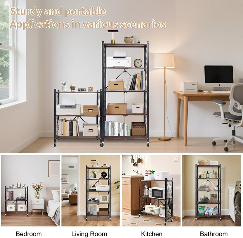 Folding Storage Shelves on Wheels 5-Tier Metal Shelving