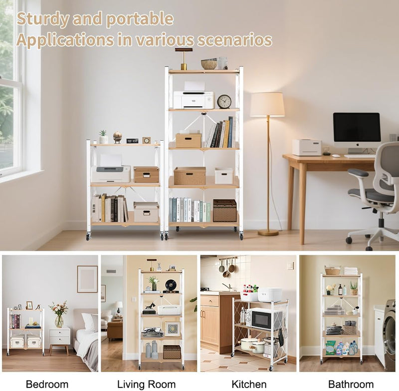 Folding Storage Shelves on Wheels 5-Tier Metal Shelving