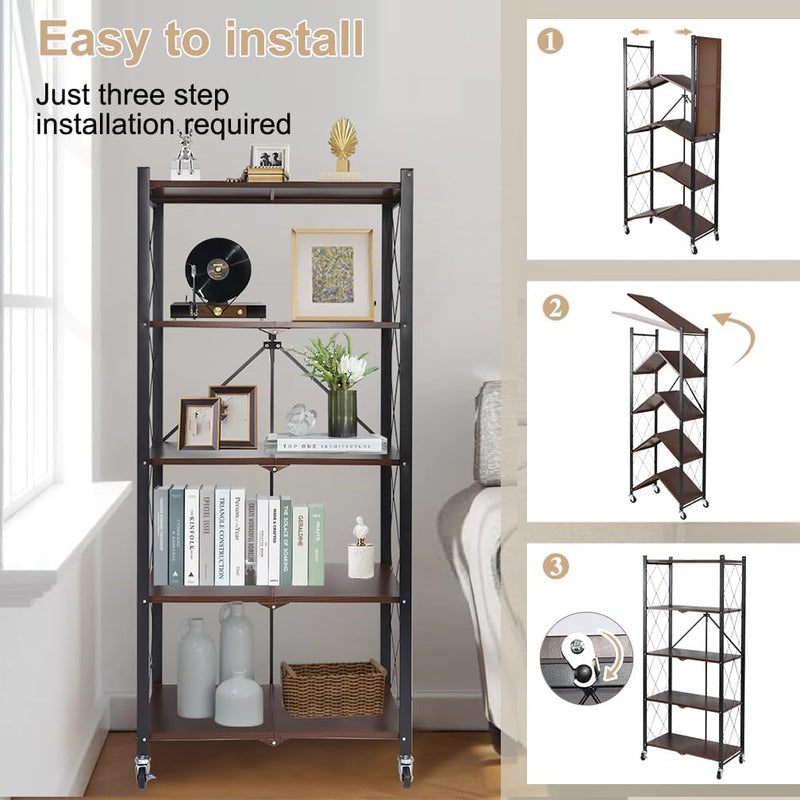 Folding Storage Shelves on Wheels 5-Tier Metal Shelving