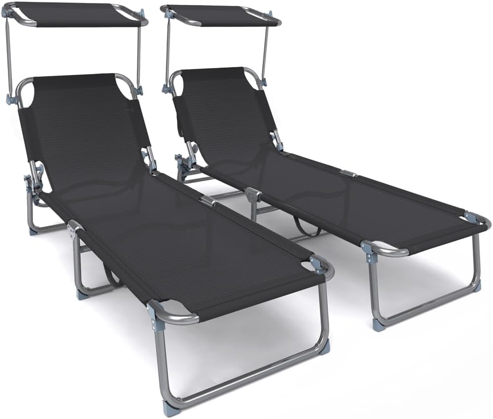 Folding Sun Loungers Textilene Reclining Sunbed with Adjustable (Set of 2)