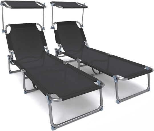Folding Sun Loungers Textilene Reclining Sunbed with Adjustable (Set of 2)
