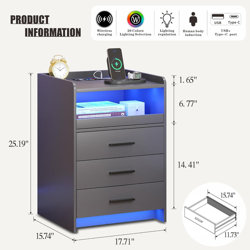 LED Bedside Table with Hidden Drawer for Bedroom