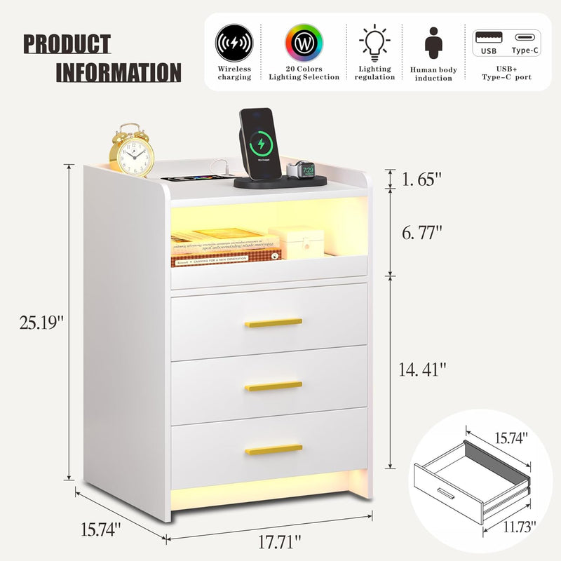 LED Bedside Table with Hidden Drawer for Bedroom