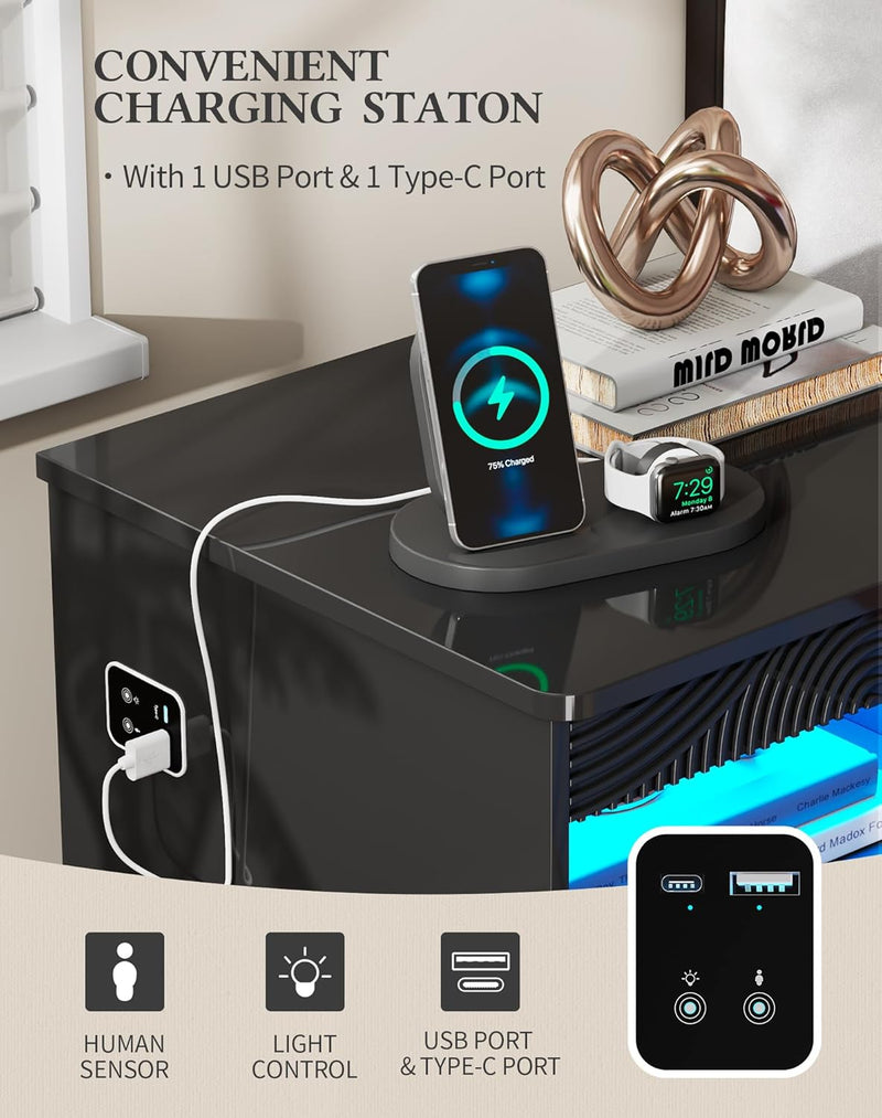 LED Bedside Table with Hidden Drawer for Bedroom
