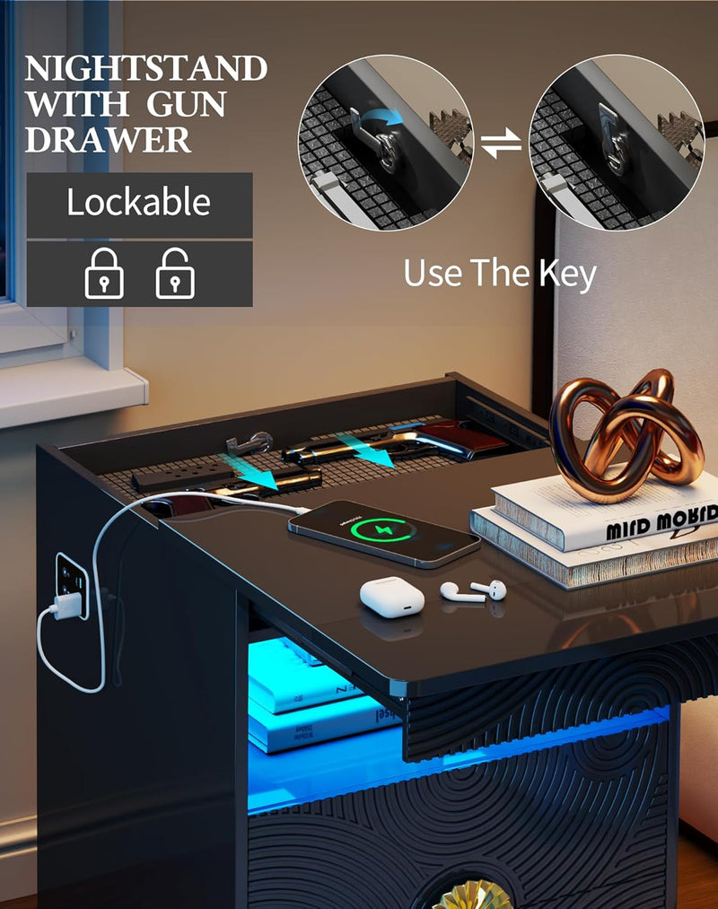 LED Bedside Table with Hidden Drawer for Bedroom