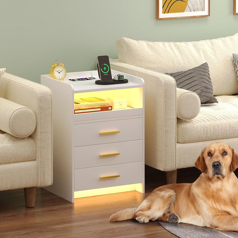 LED Bedside Table with Hidden Drawer for Bedroom