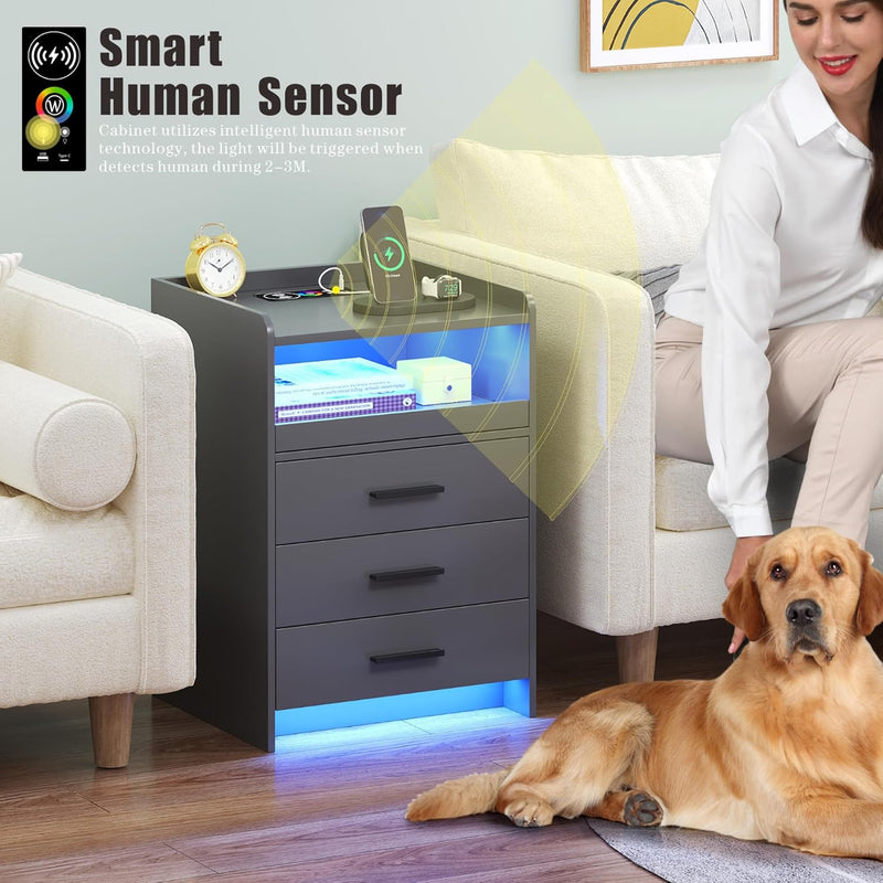 LED Bedside Table with Hidden Drawer for Bedroom