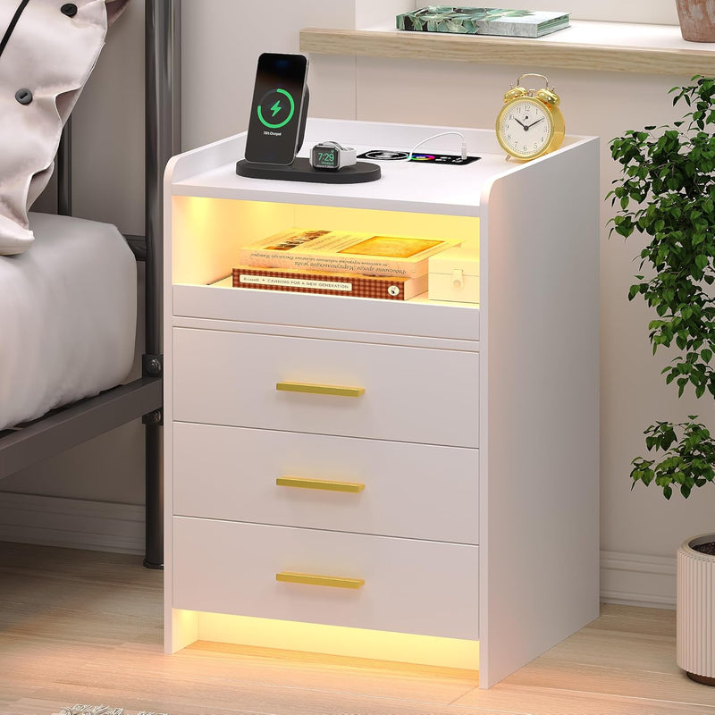LED Bedside Table with Hidden Drawer for Bedroom