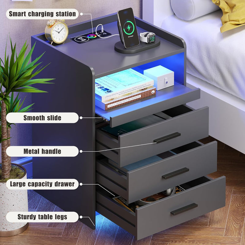 LED Bedside Table with Hidden Drawer for Bedroom