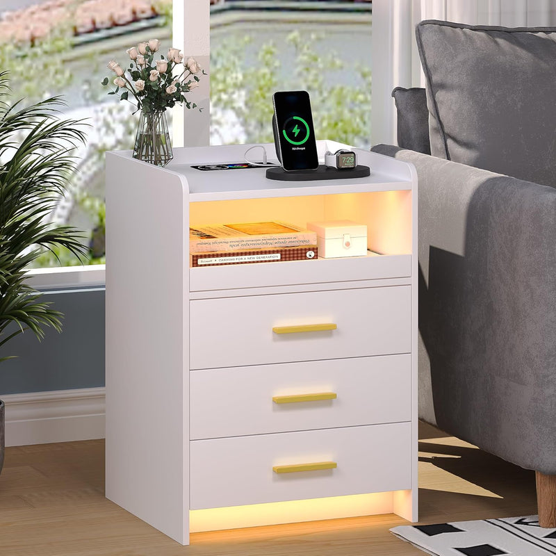 LED Bedside Table with Hidden Drawer for Bedroom