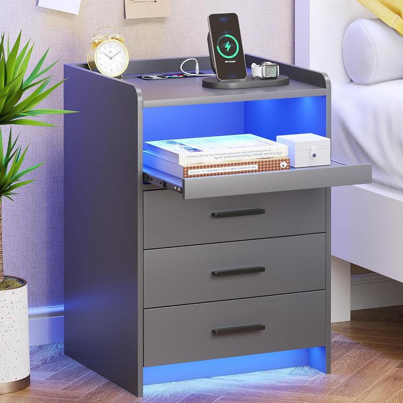 LED Bedside Table with Hidden Drawer for Bedroom
