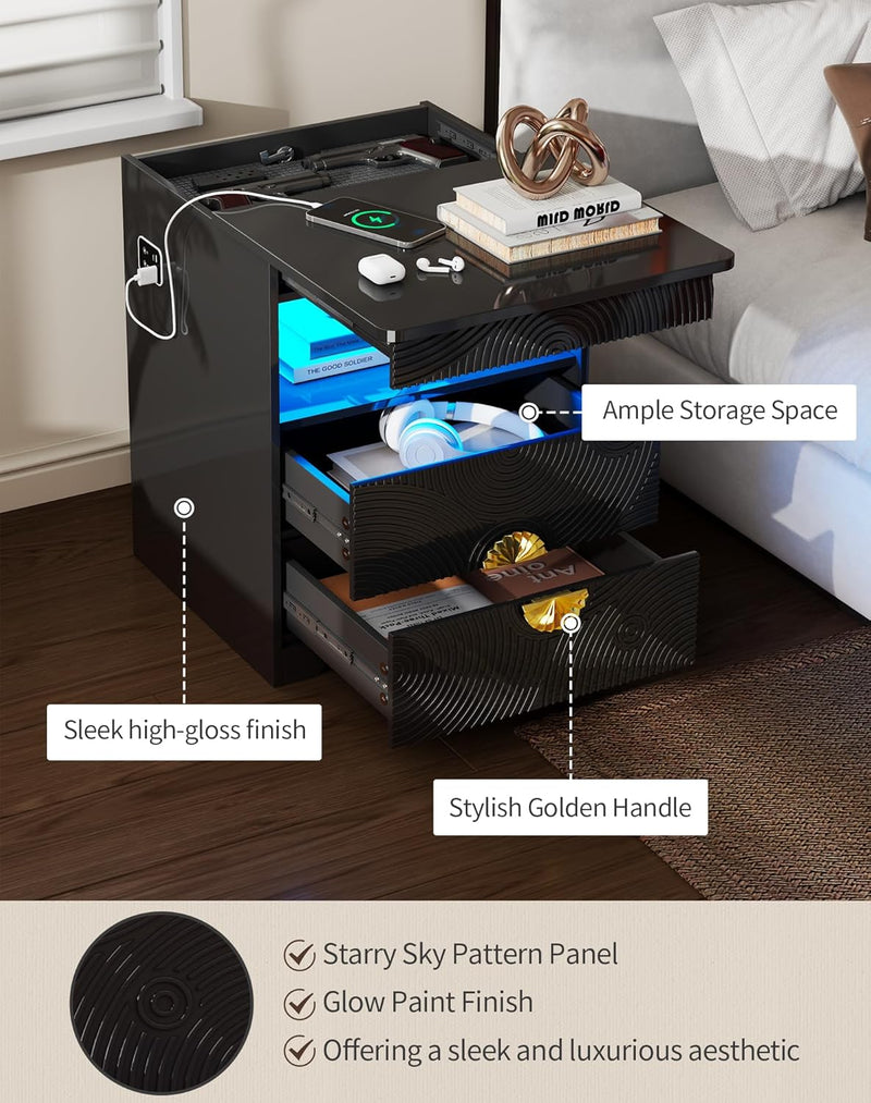 LED Bedside Table with Hidden Drawer for Bedroom