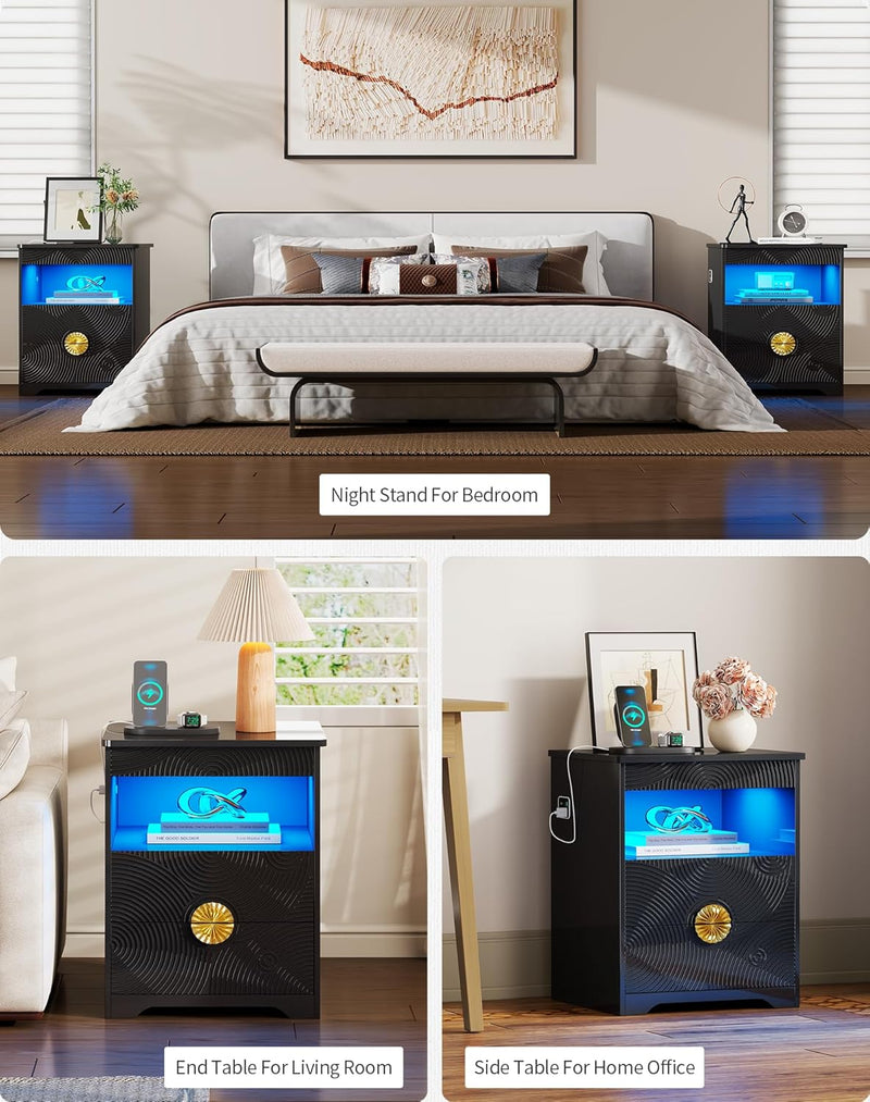 LED Bedside Table with Hidden Drawer for Bedroom