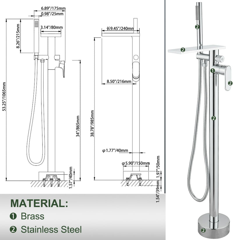 Freestanding Bath Shower Mixer Tap Floor Mounted Tub