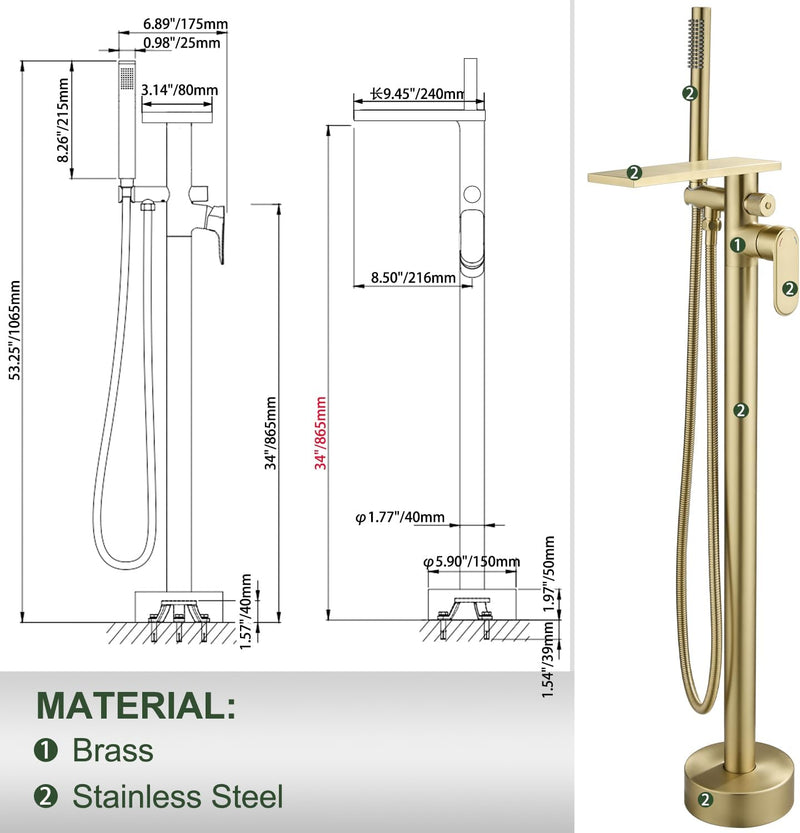 Freestanding Bath Shower Mixer Tap Floor Mounted Tub