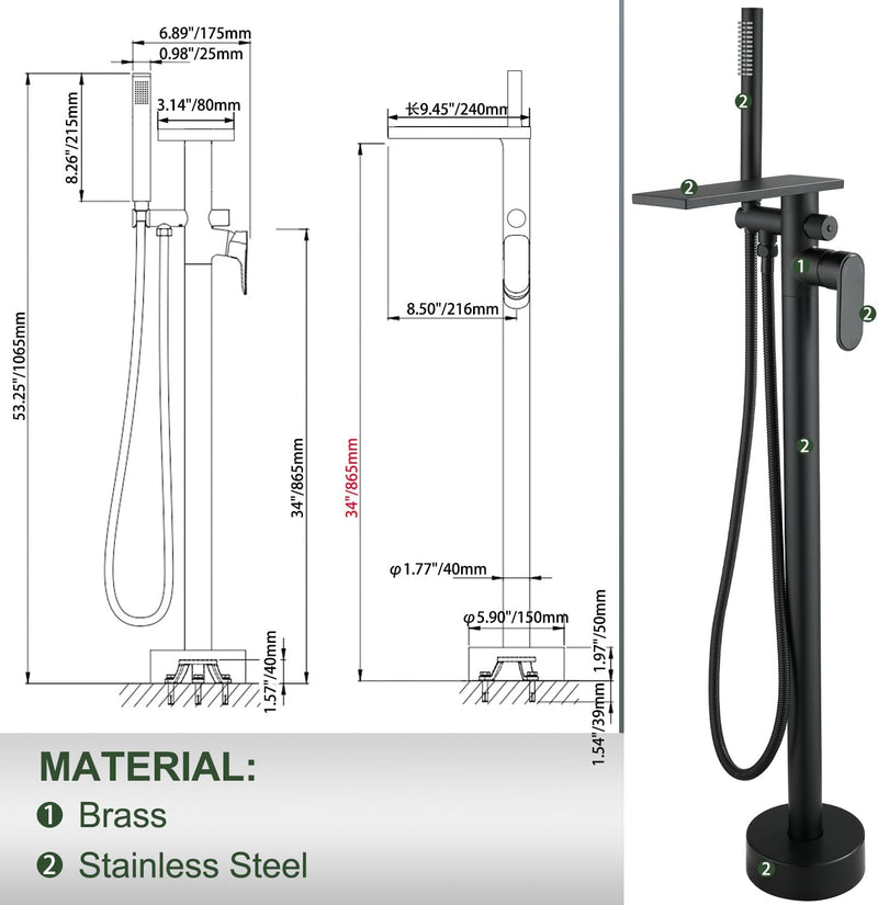 Freestanding Bath Shower Mixer Tap Floor Mounted Tub