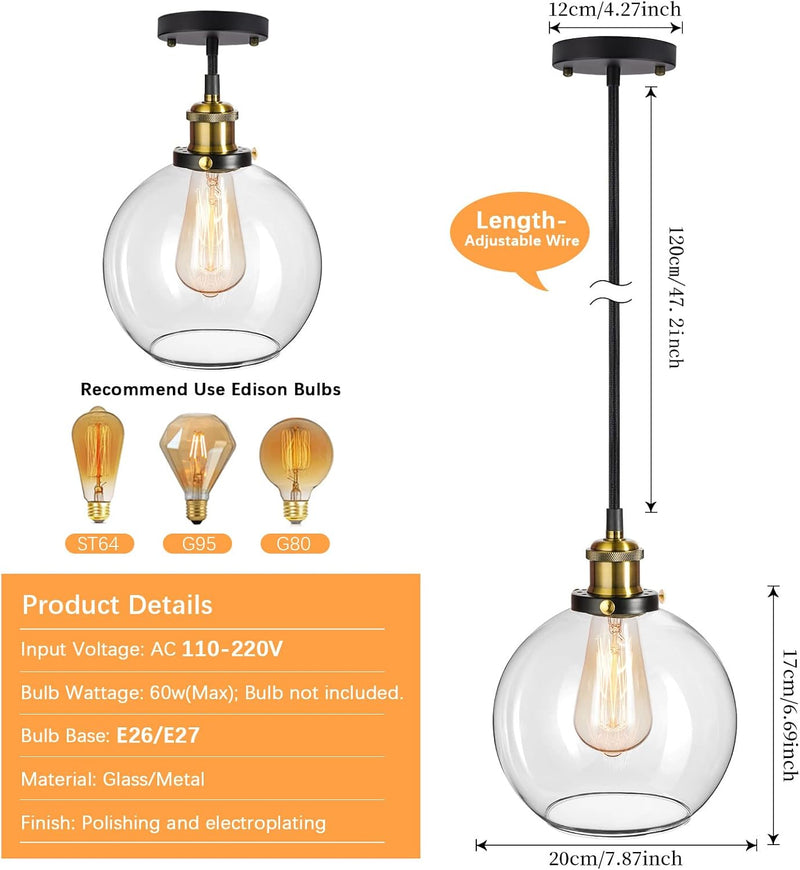 Frideko Pendant Light Vintage Glass Clear Kitchen Island (2 Pack)