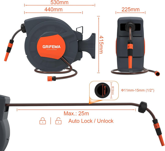G301-25 Retractable Garden Hose Reel Wall Mounted 25m+2m