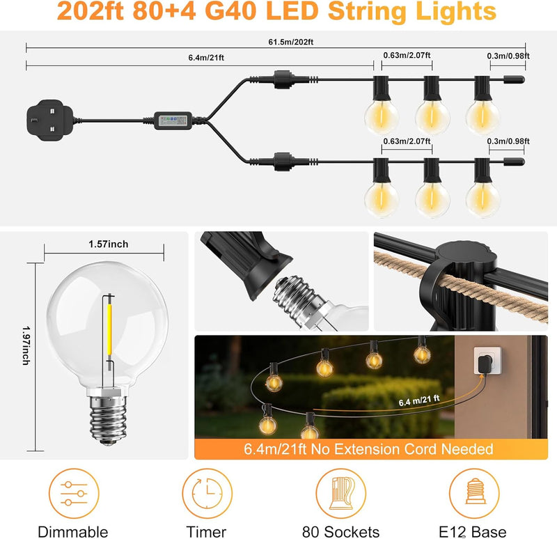 G40 Festoon Lights Outdoor Mains Powered 91.5m App