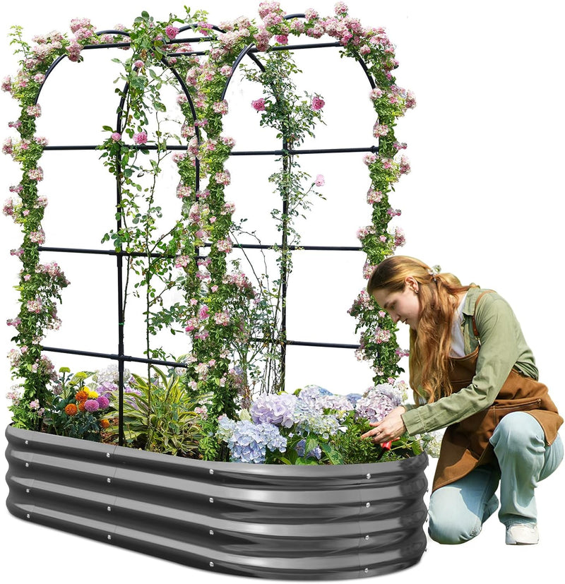 Galvanized Metal Raised Garden Bed with Trellis