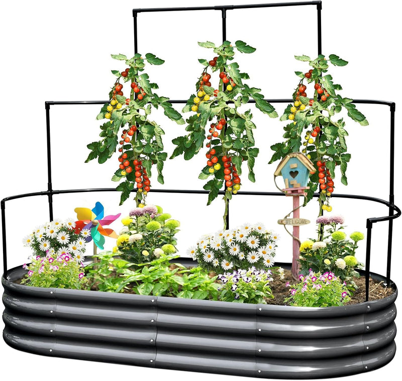 Galvanized Metal Raised Garden Bed with Trellis