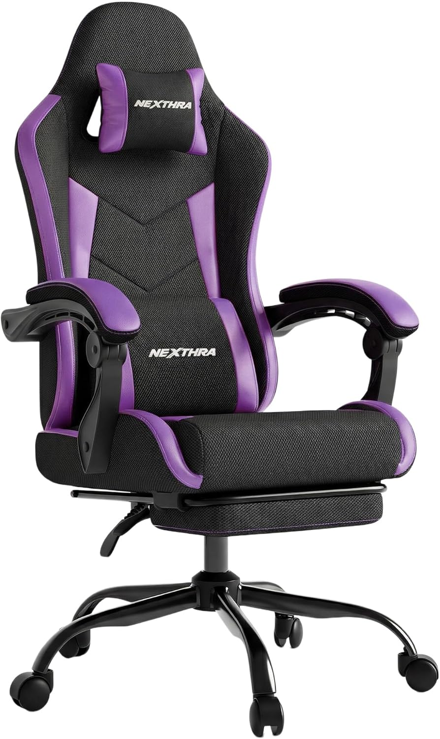 Gaming Chair with Footrest Lumbar Ergonomic Leather Mesh