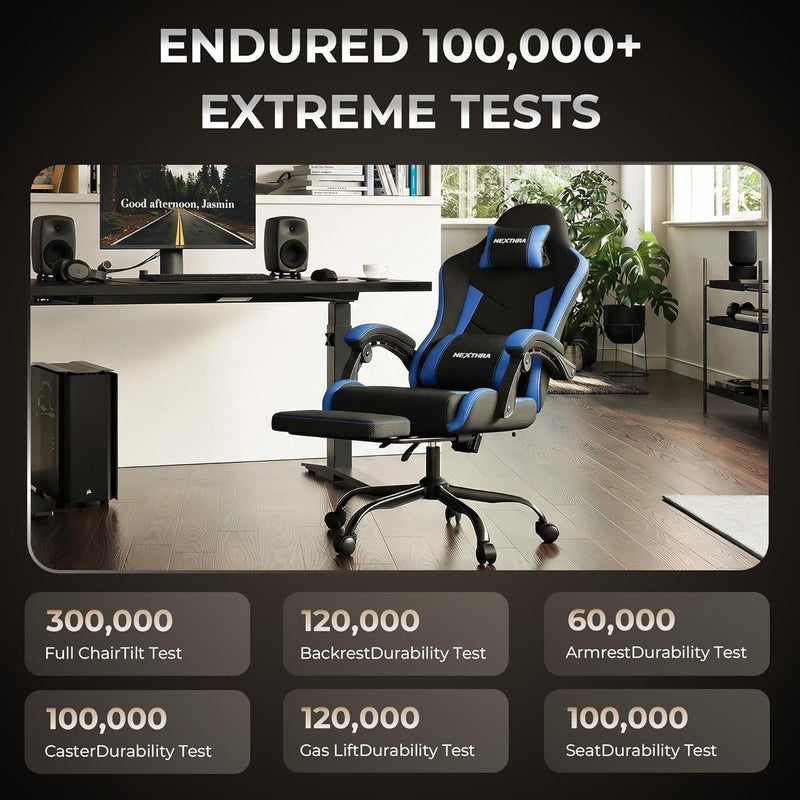 Gaming Chair with Footrest Lumbar Ergonomic Leather Mesh