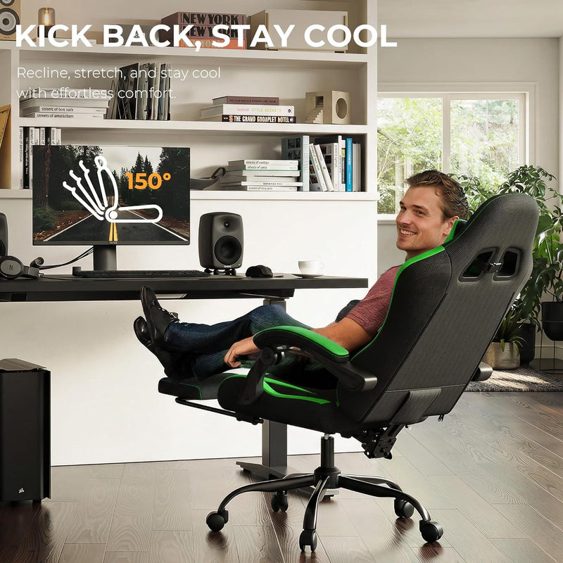 Gaming Chair with Footrest Lumbar Ergonomic Leather Mesh