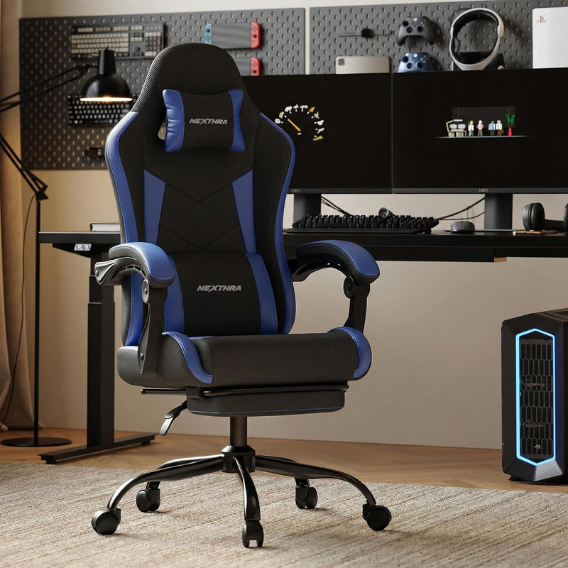Gaming Chair with Footrest Lumbar Ergonomic Leather Mesh