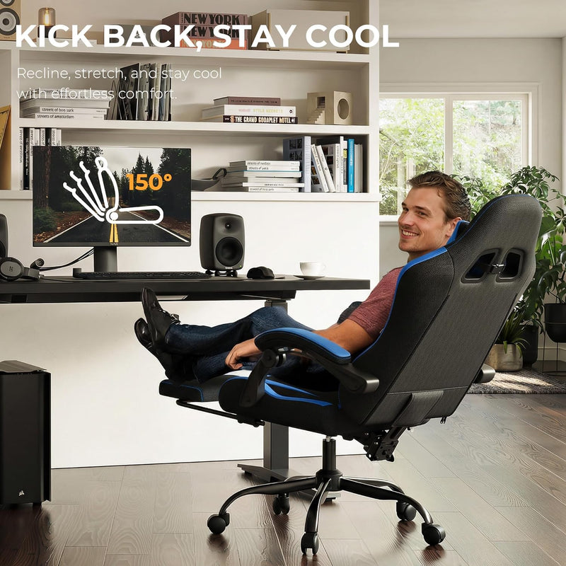 Gaming Chair with Footrest Lumbar Ergonomic Leather Mesh