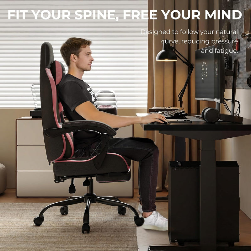 Gaming Chair with Footrest Lumbar Ergonomic Leather Mesh