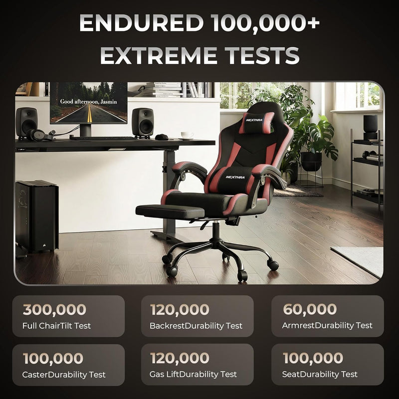Gaming Chair with Footrest Lumbar Ergonomic Leather Mesh