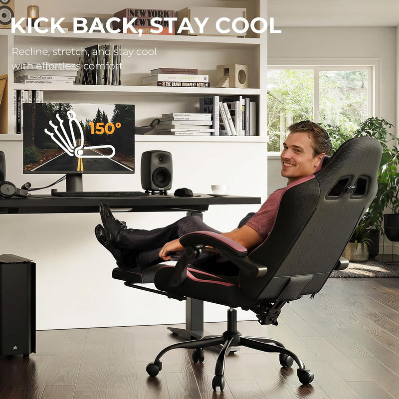 Gaming Chair with Footrest Lumbar Ergonomic Leather Mesh