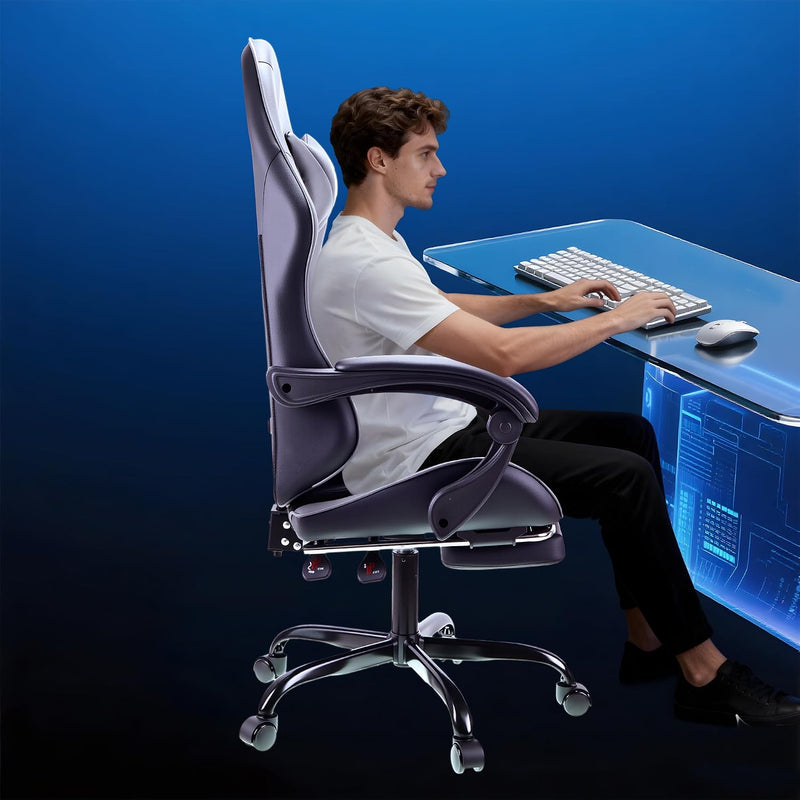 Gaming Chair with Footrest Lumbar Support Reclining Swivel