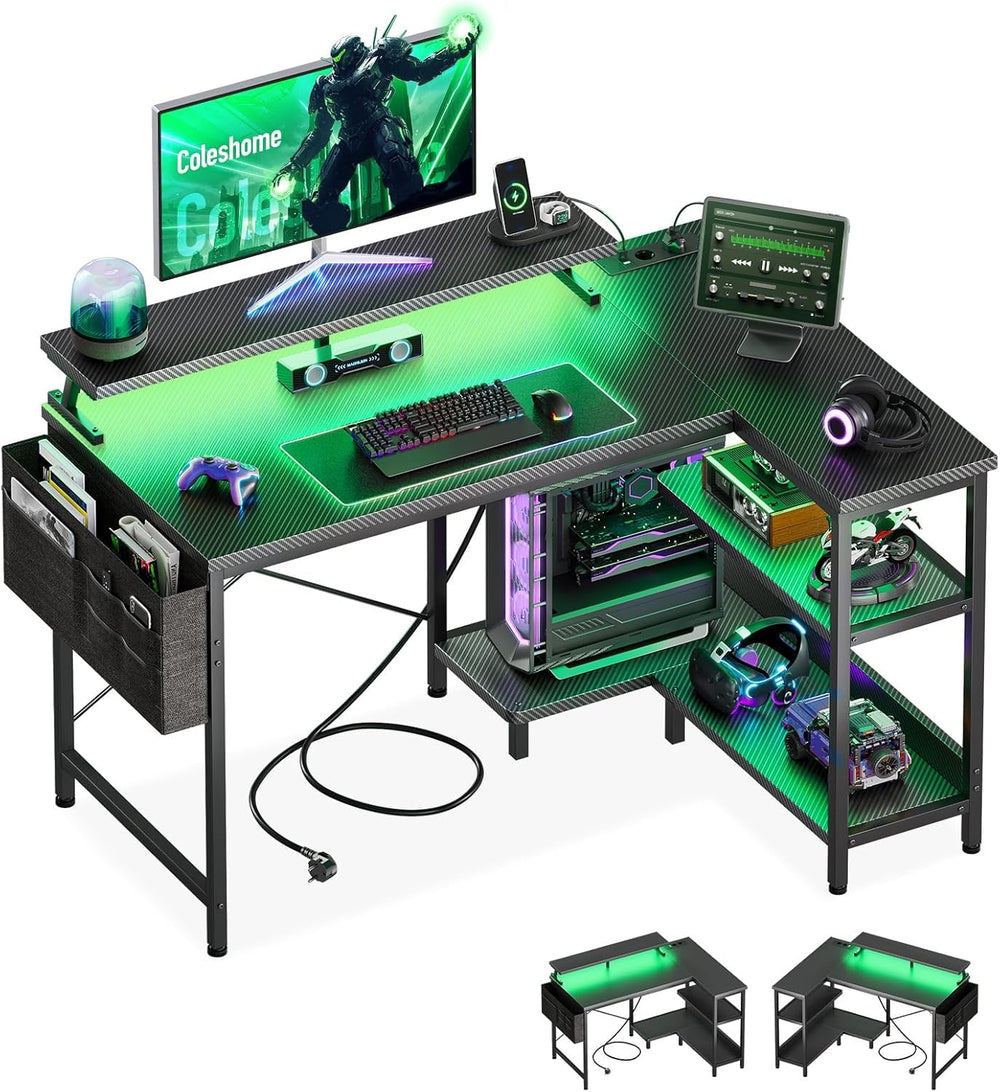 Gaming Desk Corner LED 100x80CM Carbon Fibre