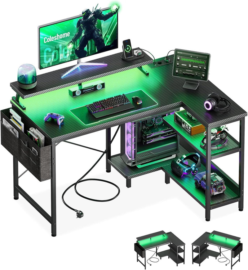 Gaming Desk Corner LED 100x80CM Carbon Fibre