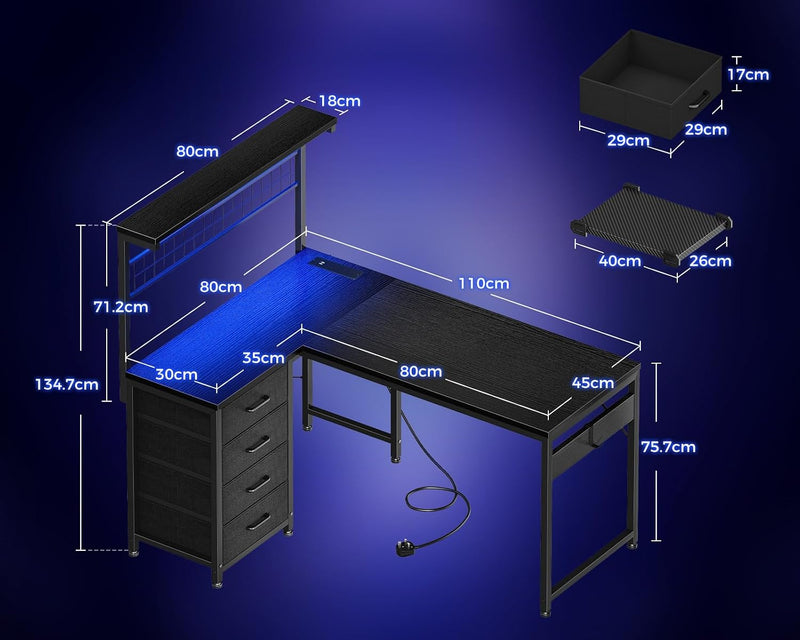 Gaming Desk L-Shape with 4 Drawers 110x80CM