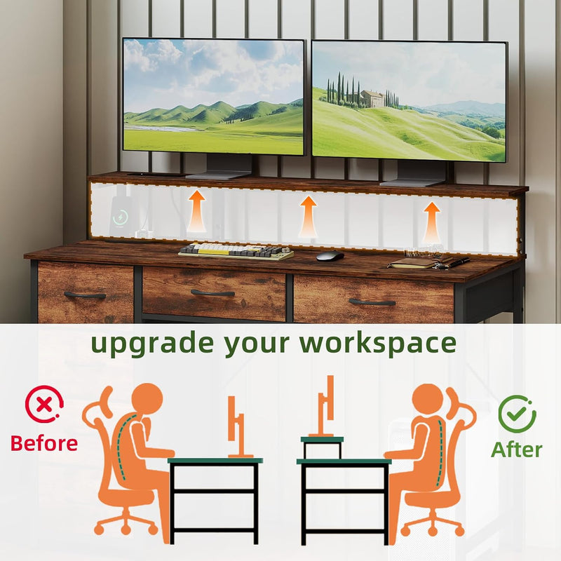 Gaming Desk with 6 Fabric Drawers Monitor Stand
