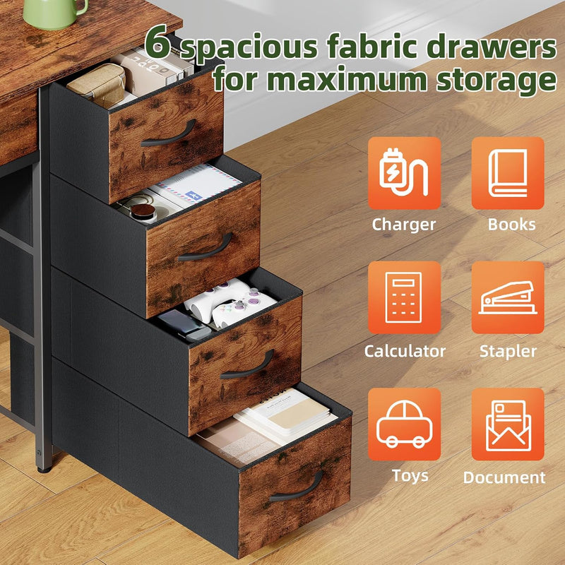 Gaming Desk with 6 Fabric Drawers Monitor Stand