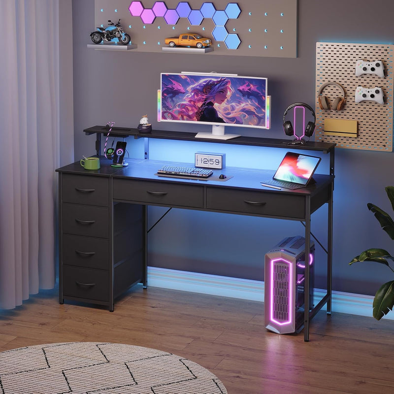 Gaming Desk with 6 Fabric Drawers Monitor Stand