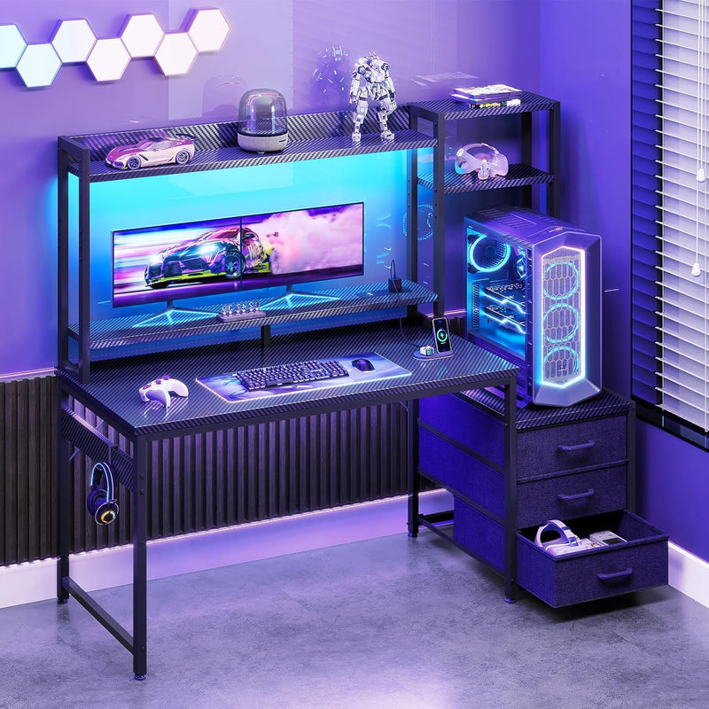 Gaming Desk with Drawers Display Shelves 138x48CM