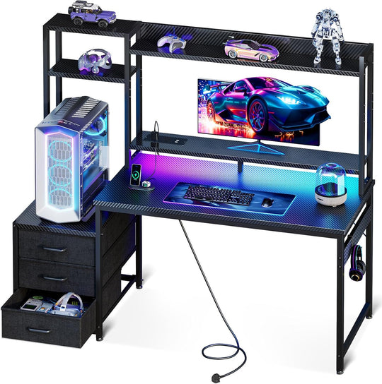 Gaming Desk with LED Lights Display Shelves Carbon