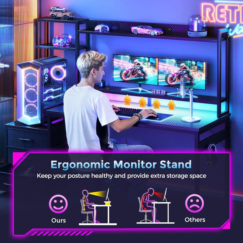 Gaming Desk with Drawers Display Shelves 138x48CM