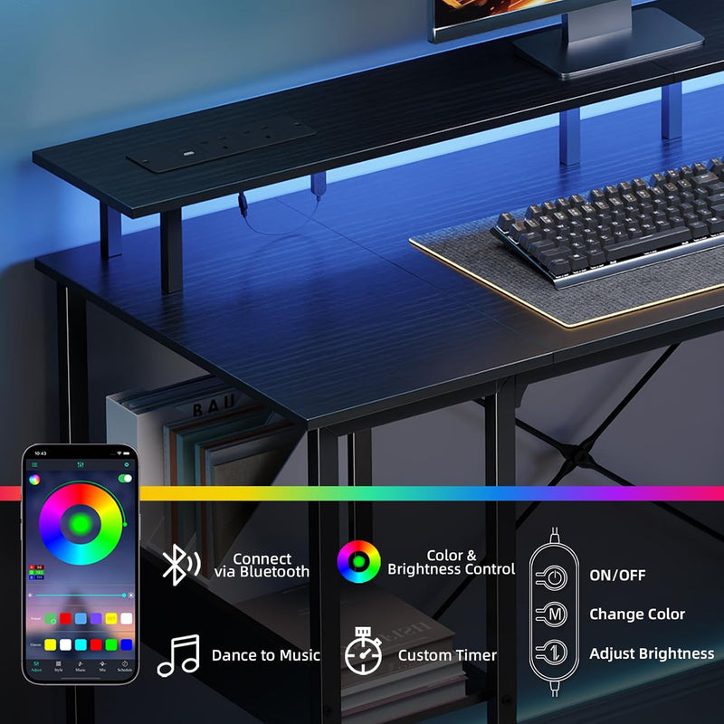 Gaming Desk with LED Light Power Outlets 100